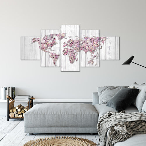 Runa Art - Bilder Weltkarte Blumen 200 x 100 cm 5 Teilig XXL Wanddekoration Design Grau Rosa 023251a