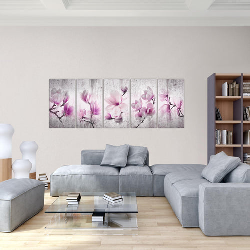 Runa Art Wandbild Blumen Magnolien 1 Teilig 100 x 40 cm Modern Bild auf Vlies Leinwand Abstrakt Wohnzimmer Grau Rosa 007712b