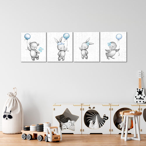 Runa Art Bilder Set 4 Teilig Kinderzimmer Tiere Wandbilder XXL Babyzimmer Spielzimmer 160 x 50 cm Blau Grau Modern 017846c