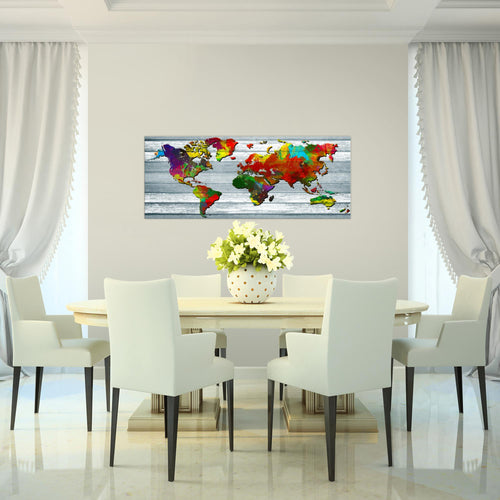 Runa Art Wandbild Weltkarte 1 Teilig 100 x 40 cm Modern Bild auf Vlies Leinwand Vintage Holz Büro Wohnzimmer Bunt 105412a