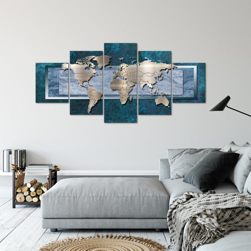 Runa Art Bild Büro Wohnzimmer Weltkarte 5 Teilig Landkarte metall Grün Wandbilder auf Vlies Leinwand 106753b