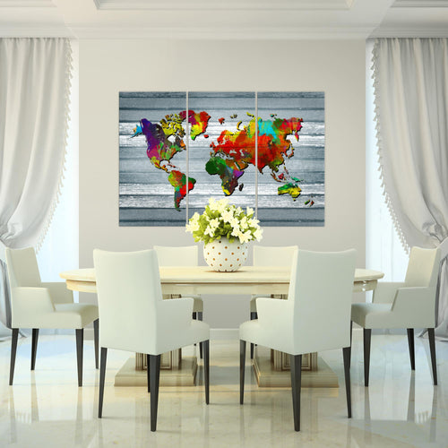 Runa Art Wandbilder Weltkarte Bild XXL Büro Wohnzimmer Bunt Kontinente Holz 120 x 80 cm 3 Teilig 105431b