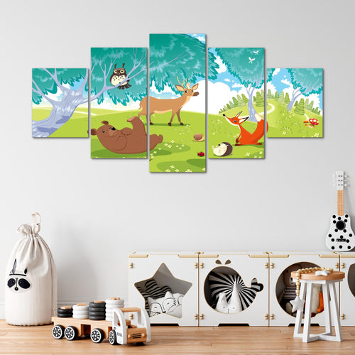 Runa Art Bild Spielzimmer Baby Tiere Dschungel 5 Teilig Kinderzimmer Bunt Wandbilder auf Vlies Leinwand 001853b