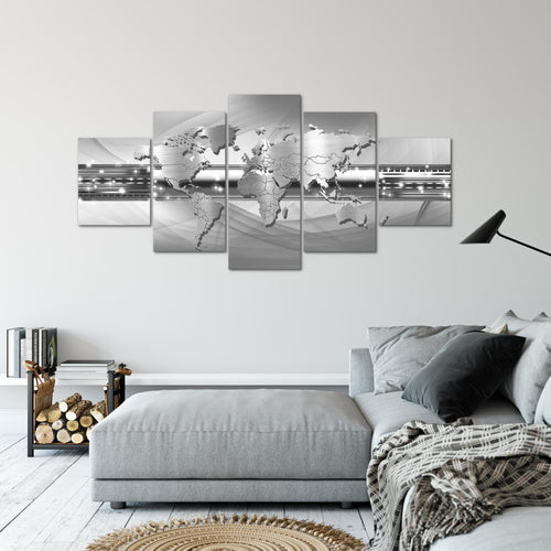 Runa Art - Bilder Weltkarte 200 x 100 cm 5 Teilig XXL Wanddekoration Design Grau 109351c