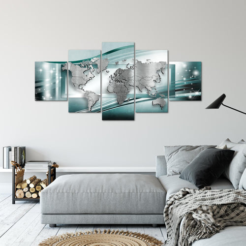 Runa Art - Bilder Weltkarte 200 x 100 cm 5 Teilig XXL Wanddekoration Design Blau 108351b