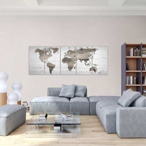 Runa Art Wandbild Weltkarte 1 Teilig 100 x 40 cm Modern Bild auf Vlies Leinwand Holzoptik Büro Wohnzimmer Beige Braun 035012b