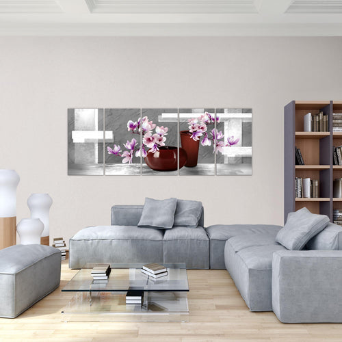 Runa Art Wandbild XXL Blumen Abstrakt Wohnzimmer Schlafzimmer 200 x 80 cm Grau Rot 5 Teilig - Made in Germany - 035255a