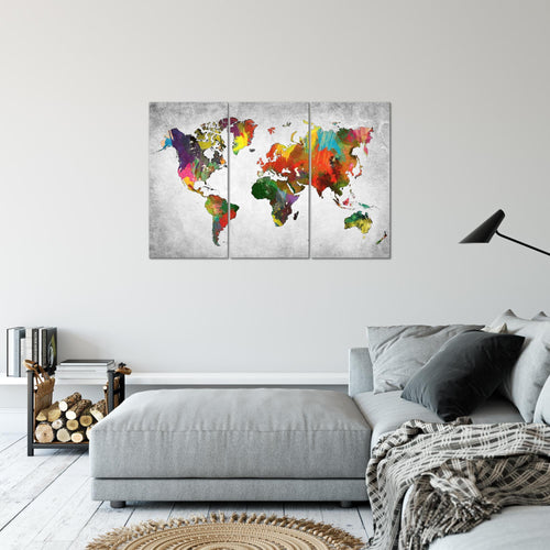Runa Art Wandbilder Weltkarte Bild XXL Büro Wohnzimmer Bunt Landkarte Beton 120 x 80 cm 3 Teilig 105131c