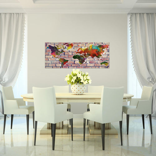 Runa Art Wandbild Weltkarte 1 Teilig 100 x 40 cm Modern Bild auf Vlies Leinwand Ziegelwand Büro Wohnzimmer Rot Bunt 106912c
