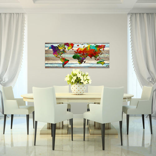 Runa Art Wandbild Weltkarte 1 Teilig 100 x 40 cm Modern Bild auf Vlies Leinwand Vintage Holz Büro Wohnzimmer Bunt 105412a