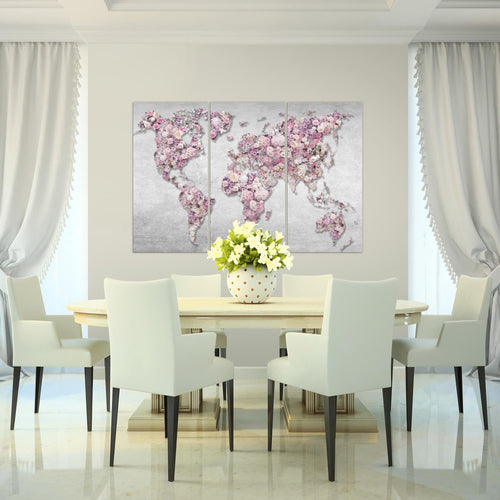 Runa Art Wandbilder Weltkarte Blumen Bild XXL Wohnzimmer Schlafzimmer Beige Braun Holzwand 120 x 80 cm 3 Teilig 023231c