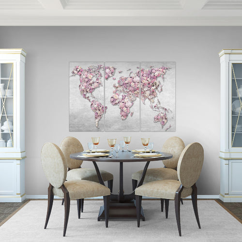 Runa Art Wandbilder Weltkarte Blumen Bild XXL Wohnzimmer Schlafzimmer Grau Rosa Steinwand 120 x 80 cm 3 Teilig 023231a