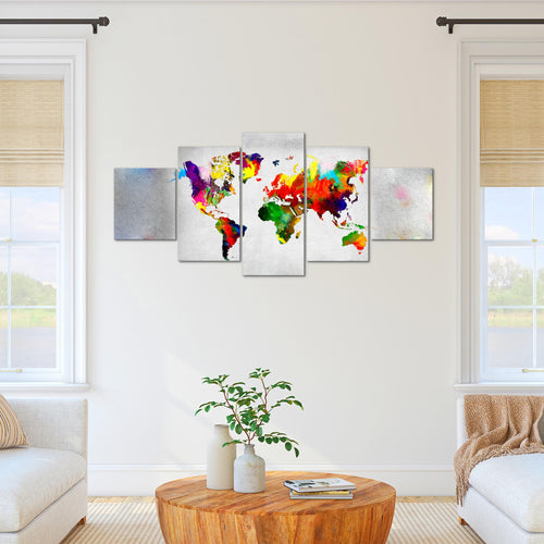 Runa Art Wandbilder Weltkarte 5 Teilig Bild auf Vlies Leinwand Deko Büro Wohnzimmer Stein Beton Bunt 108852b