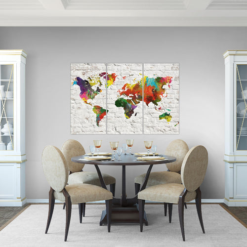 Runa Art Wandbilder Weltkarte Bild XXL Büro Wohnzimmer Bunt Steinoptik Ziegel 120 x 80 cm 3 Teilig 106931a