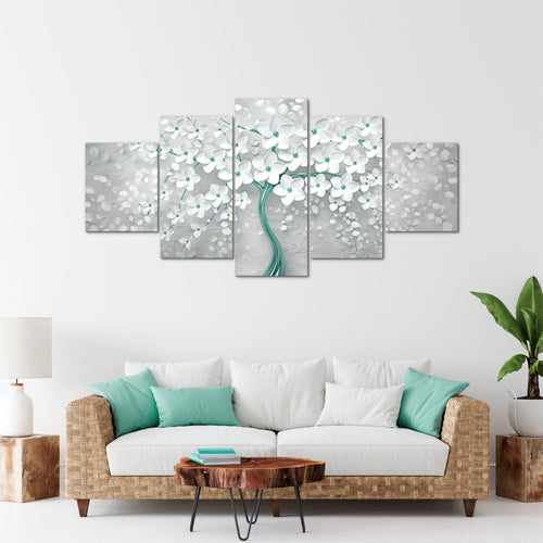 Runa Art - Bilder Blumen 200 x 100 cm 5 Teilig XXL Wanddekoration Design Weiss Türkis 039751b