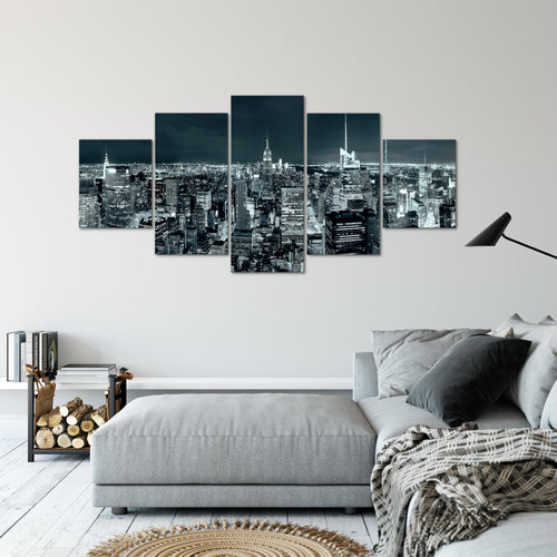 Runa Art - Bilder New York Skyline 200 x 100 cm 5 Teilig XXL Wanddekoration Design Türkis Blau 036251b
