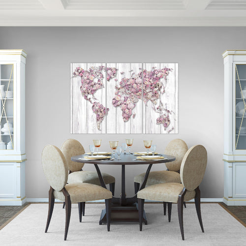 Runa Art Wandbilder Weltkarte Blumen Bild XXL Wohnzimmer Schlafzimmer Grau Rosa Vintage 120 x 80 cm 3 Teilig 023231b