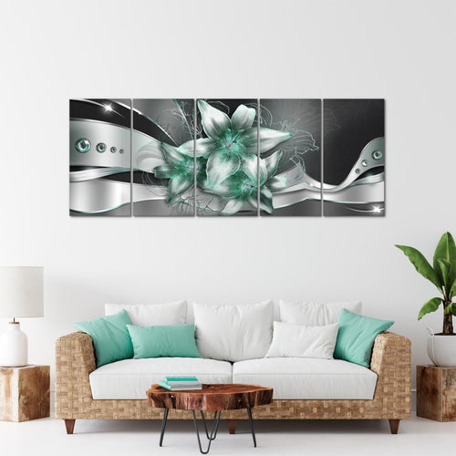 Runa Art Wandbild XXL Blumen Lilien Wohnzimmer Schlafzimmer 200 x 80 cm Schwarz Türkis 5 Teilig - Made in Germany - 039655b