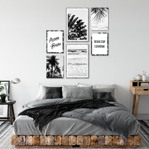 Novart Wandbilder Set Palmen Schwarz Weiss - KEIN EXTRA RAHMEN BENÖTIGT -  Modern Deko  - Wohnzimmer Schlafzimmer N013963a