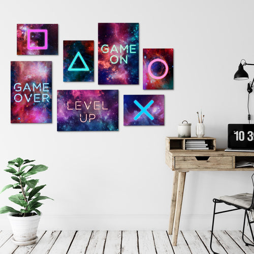 Novart Wandbilder Spielkonsole - KOMPLETT AUFHÄNGFERTIG - Gamer Kinderzimmer Junge Teenager - 7 Moderne Mood-Bilder - N021471a