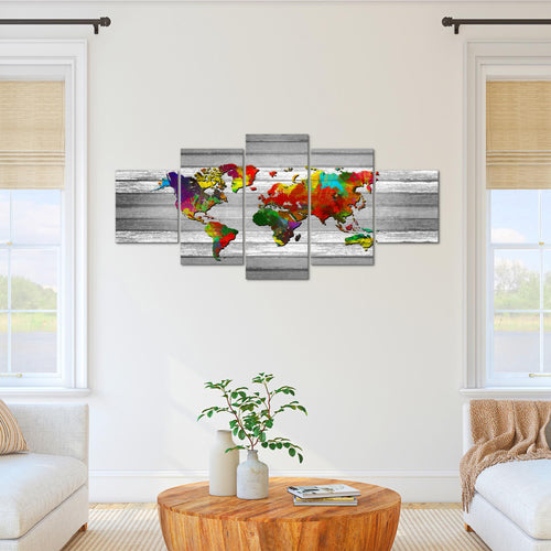 Runa Art Bild Büro Wohnzimmer Weltkarte 5 Teilig Kontinente Holz Bunt Wandbilder auf Vlies Leinwand 105453c