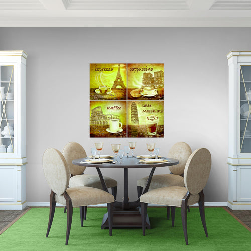 Runa Art Bilder Küche Kaffee 4 Teilig Bild auf Vlies Leinwand Esszimmer Küchenbilder 60 x 60 cm Collage Grün 500744b