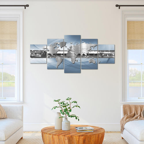 Runa Art - Bilder Weltkarte 200 x 100 cm 5 Teilig XXL Wanddekoration Design Grau 109351c