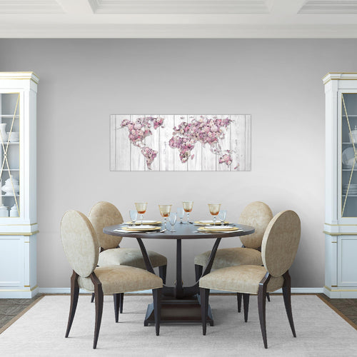 Runa Art Wandbild Weltkarte Blumen 1 Teilig 100 x 40 cm Modern Bild auf Vlies Leinwand Steinwand Wohnzimmer Grau Rosa 023212a