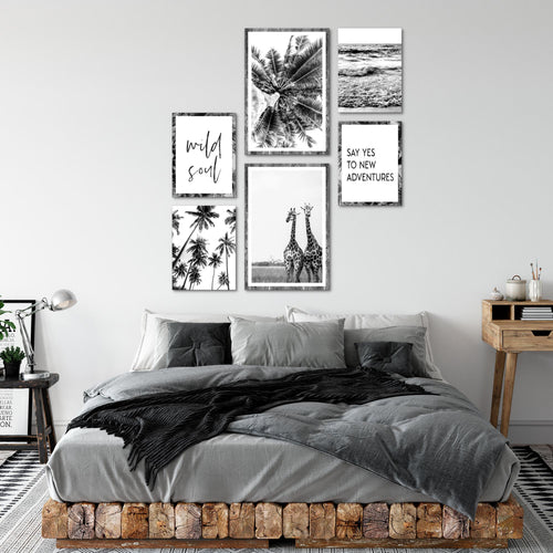 Novart Wandbilder Set Giraffen Palmen Schwarz Weiss - KEIN EXTRA RAHMEN BENÖTIGT -  Modern Deko  - Wohnzimmer Schlafzimmer N014363a