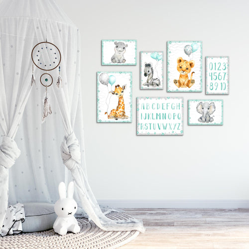 Novart Wandbilder Tiere - KOMPLETT AUFHÄNGFERTIG - Afrika Blau Kinderzimmer Mädchen Junge - 7 Moderne Mood-Bilder - N016671b