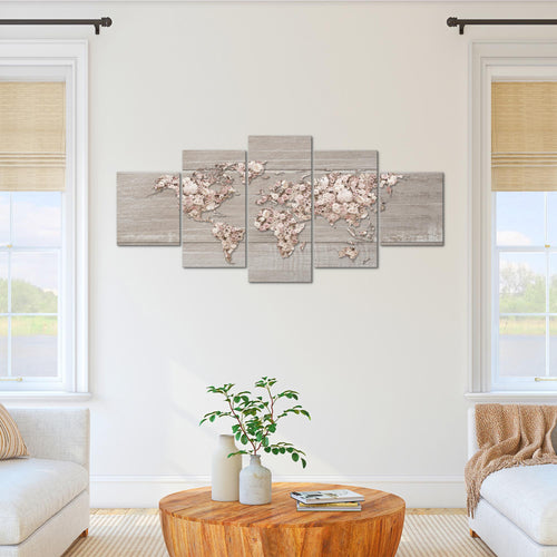 Runa Art Wandbilder Weltkarte Blumen 5 Teilig Bild auf Vlies Leinwand Deko Wohnzimmer Holz Rosa Grau 023252b