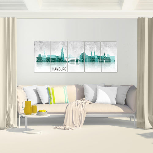 Runa Art Wandbild Hamburg 1 Teilig 100 x 40 cm Modern Bild auf Vlies Leinwand Abstrakt Wohnzimmer Schlafzimmer Türkis Grau 035912b