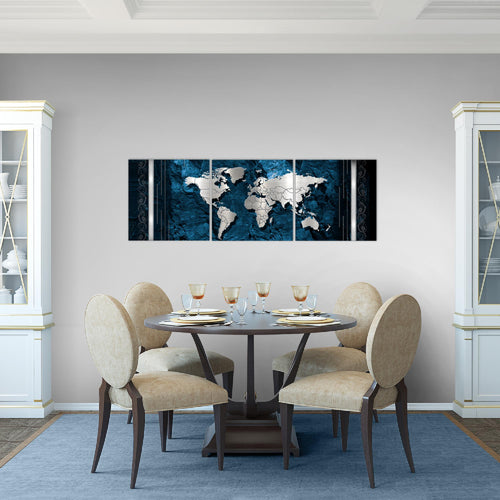 Runa Art - Bilder Weltkarte 120 x 40 cm 3 Teilig Wandbild auf Vlies Leinwand Blau Mehrteilig Modern 107333b