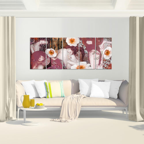 Runa Art Wandbild XXL Collage Gustav Klimt Wohnzimmer 200 x 80 cm Rot 5 Teilig - Made in Germany - 018555a