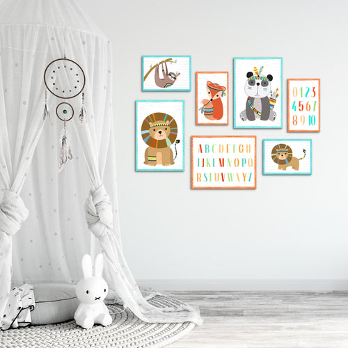 Novart Wandbilder Tiere - KOMPLETT AUFHÄNGFERTIG - Indianer Kinderzimmer Mädchen Junge - 7 Moderne Mood-Bilder - N000271b