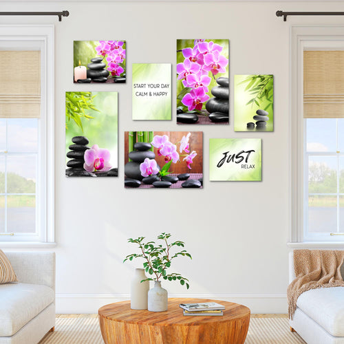 Novart Wandbilder Feng Shui Zen Stein - KOMPLETT AUFHÄNGFERTIG - Grün Lila Wohnzimmer Schlafzimmer - 7 Moderne Mood-Bilder - N003471a