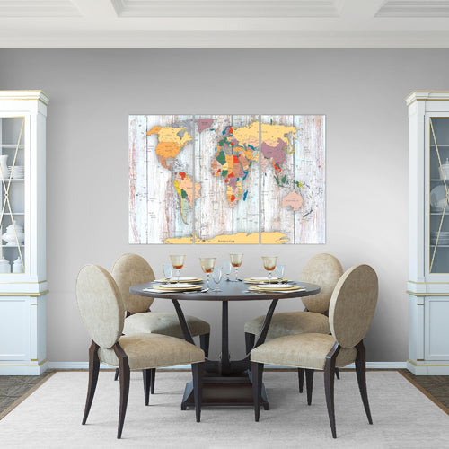 Runa Art Wandbilder Weltkarte Holz Bild XXL Büro Wohnzimmer Weiss Landkarte 120 x 80 cm 3 Teilig 108731b
