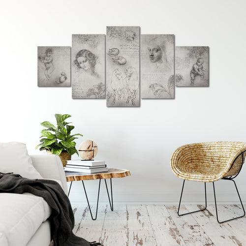 Runa Art - Bilder Berühmte Maler 200 x 100 cm 5 Teilig XXL Wanddekoration Design Skizzen Beige 010351a