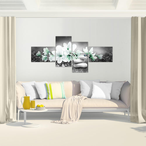 Runa Art Bild Modern Blumen Magnolien - Made in Germany - Wandbilder Abstrakt Grau Türkis 4 Teilig 035442b