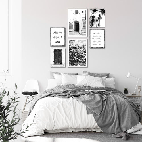 Novart Wandbilder Set Alte Stadt Palmen Schwarz Weiss - KEIN EXTRA RAHMEN BENÖTIGT -  Modern Deko  - Wohnzimmer Schlafzimmer N015063a