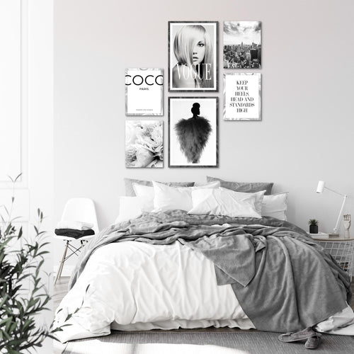 Novart Wandbilder Set Fashion Schwarz Weiss - KEIN EXTRA RAHMEN BENÖTIGT -  Modern Deko  - Wohnzimmer Mädchen Teenager N002163a