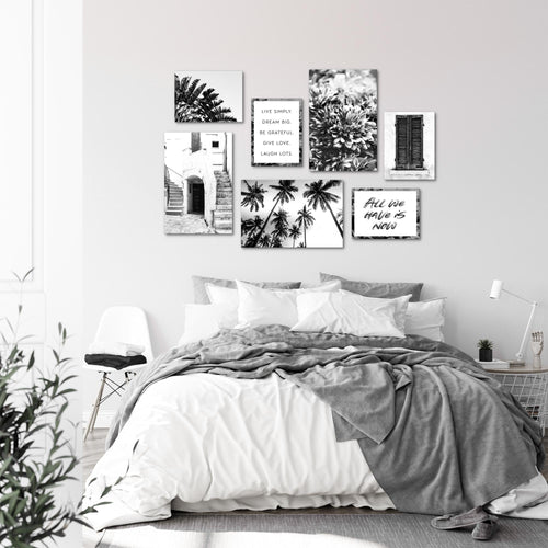 Novart Wandbilder Alte Stadt Palmen - KOMPLETT AUFHÄNGFERTIG - Schwarz Weiss Wohnzimmer Schlafzimmer - 7 Moderne Mood-Bilder - N015071a