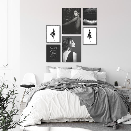 Novart Wandbilder Set Fashion Schwarz Weiss - KEIN EXTRA RAHMEN BENÖTIGT -  Modern Deko  - Wohnzimmer Mädchen Teenager N000863a
