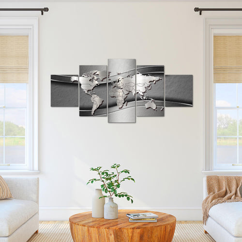 Runa Art - Bilder Weltkarte 200 x 100 cm 5 Teilig XXL Wanddekoration Design Silber 107251b