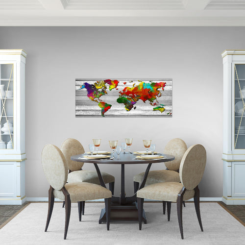 Runa Art Wandbild Weltkarte 1 Teilig 100 x 40 cm Modern Bild auf Vlies Leinwand Vintage Holz Büro Wohnzimmer Bunt 105412a