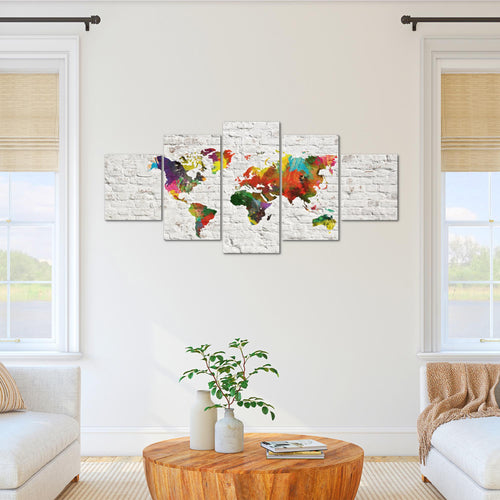 Runa Art Wandbilder Weltkarte 3D Effekt 5 Teilig Bild auf Vlies Leinwand Deko Büro Wohnzimmer Ziegel Bunt Weiss 106952b