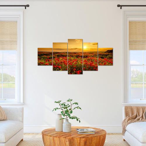 Runa Art Bild Wohnzimmer Schlafzimmer Mohnblumen 5 Teilig Blumenwiese Sonnenutergang Rot Wandbilder auf Vlies Leinwand 043953a