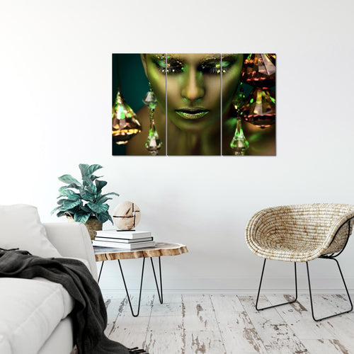 Runa Art Wandbilder Frau Gesicht Lippen Bild XXL Wohnzimmer Schlafzimmer Grün Gold Kosmetik Fashion 120 x 80 cm 3 Teilig 042131b