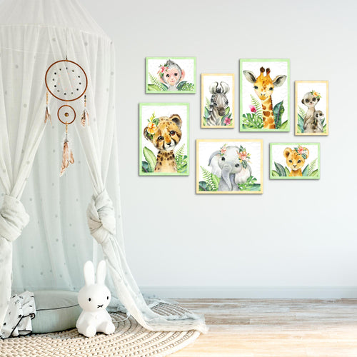 Novart Wandbilder Tiere Afrika - KOMPLETT AUFHÄNGFERTIG - Grau Kinderzimmer Mädchen Junge - 7 Moderne Mood-Bilder - N017371b