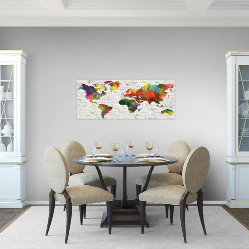 Runa Art Wandbild Weltkarte 1 Teilig 100 x 40 cm Modern Bild auf Vlies Leinwand Steinwand Büro Wohnzimmer Grau Bunt 106912b
